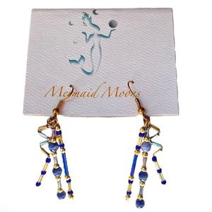 Egyptian Scepter Inspired Drop Earrings. Blue & Gold Glass. Artisan Crafted.